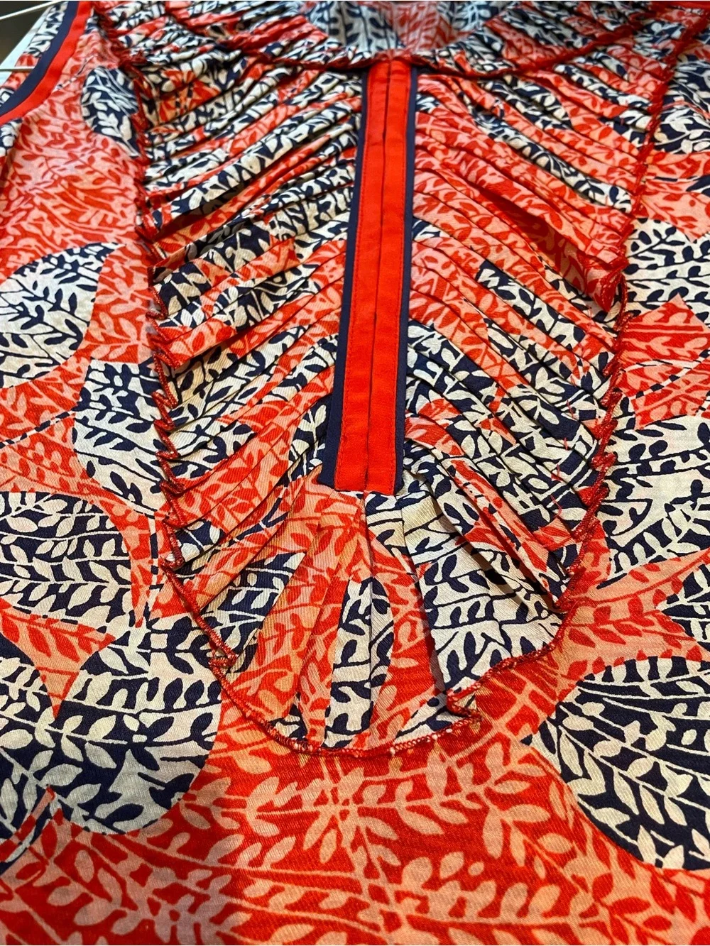 Tory Burch Coral and Navy Leaf-Print Ruffle Sleeveless Top
